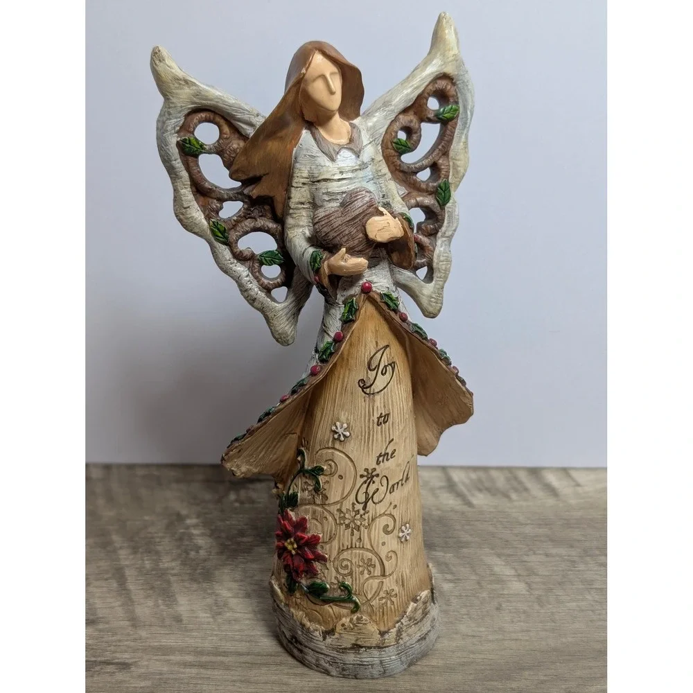 Joy to the World Birch Bark Christmas Angel Figurine Rustic Holiday Decor